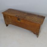 An Antique stained pine blanket box on stile legs, 109cm x 50cm x 33cm