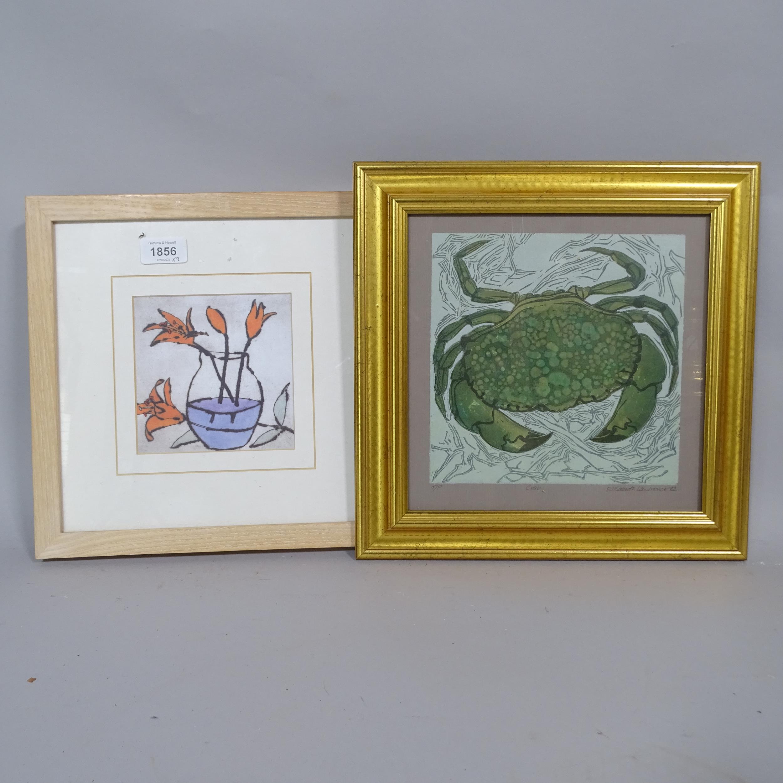 Elisabeth Lawrence, linocut print, crab, signed in pencil, 20cm x 20cm, and Richard Spare, print,