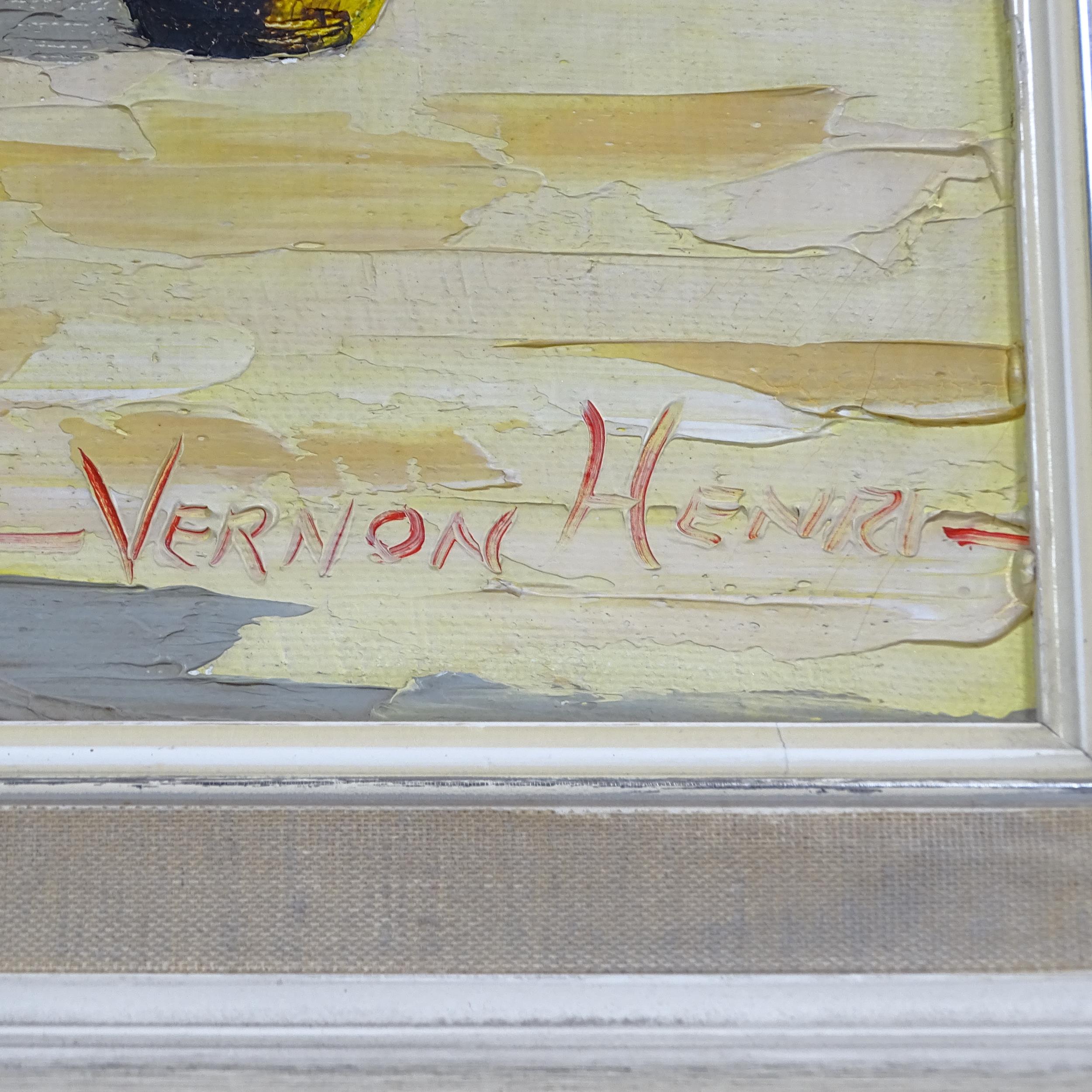 Vernon Henri, oil on canvas, Mediterranean coastal village, 60cm x 100cm overall, framed - Image 2 of 2