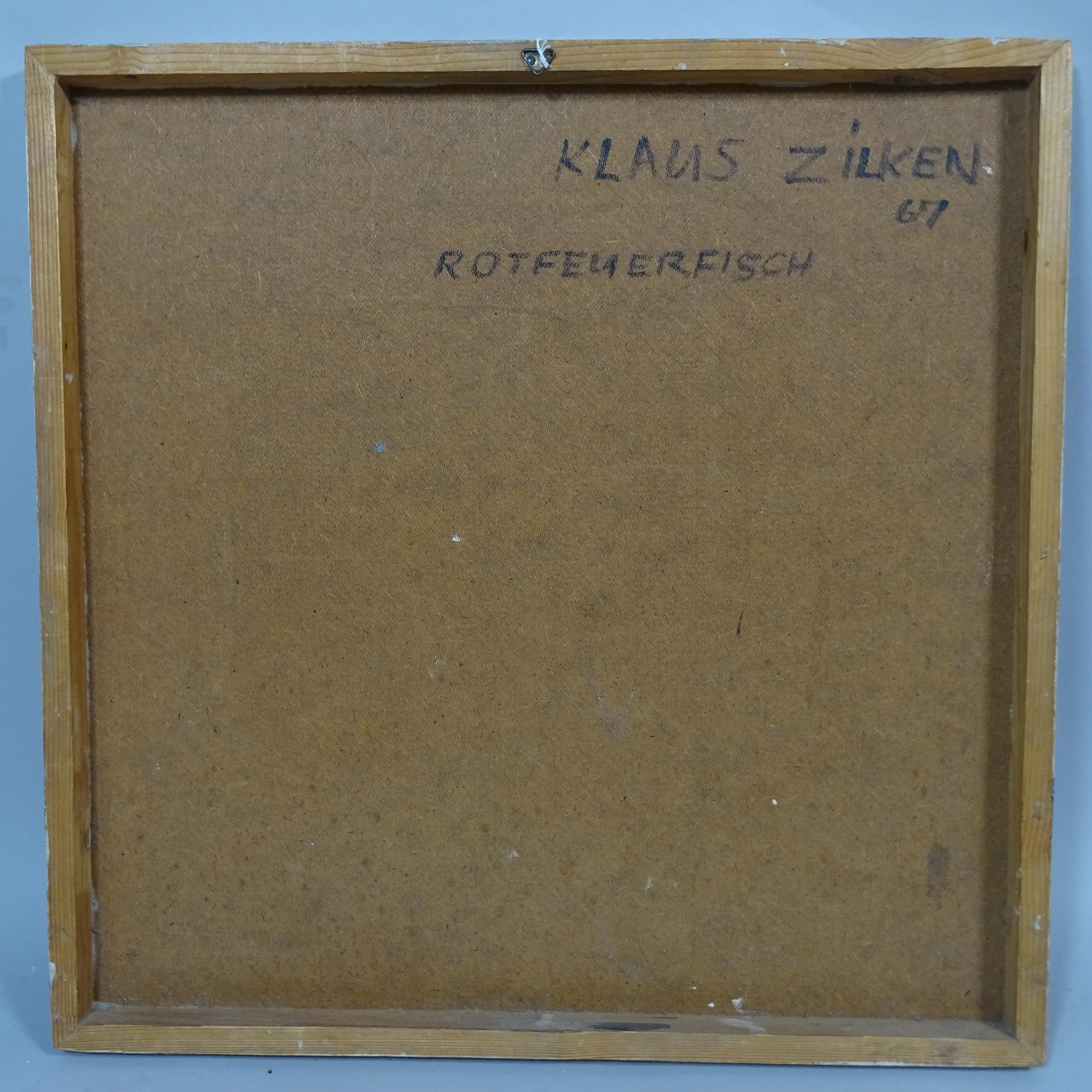 Klaus Zilken, oil on board, Rotfeuerfisch, signed verso with date 1967, 64cm x 64cm, unframed Good - Image 2 of 2