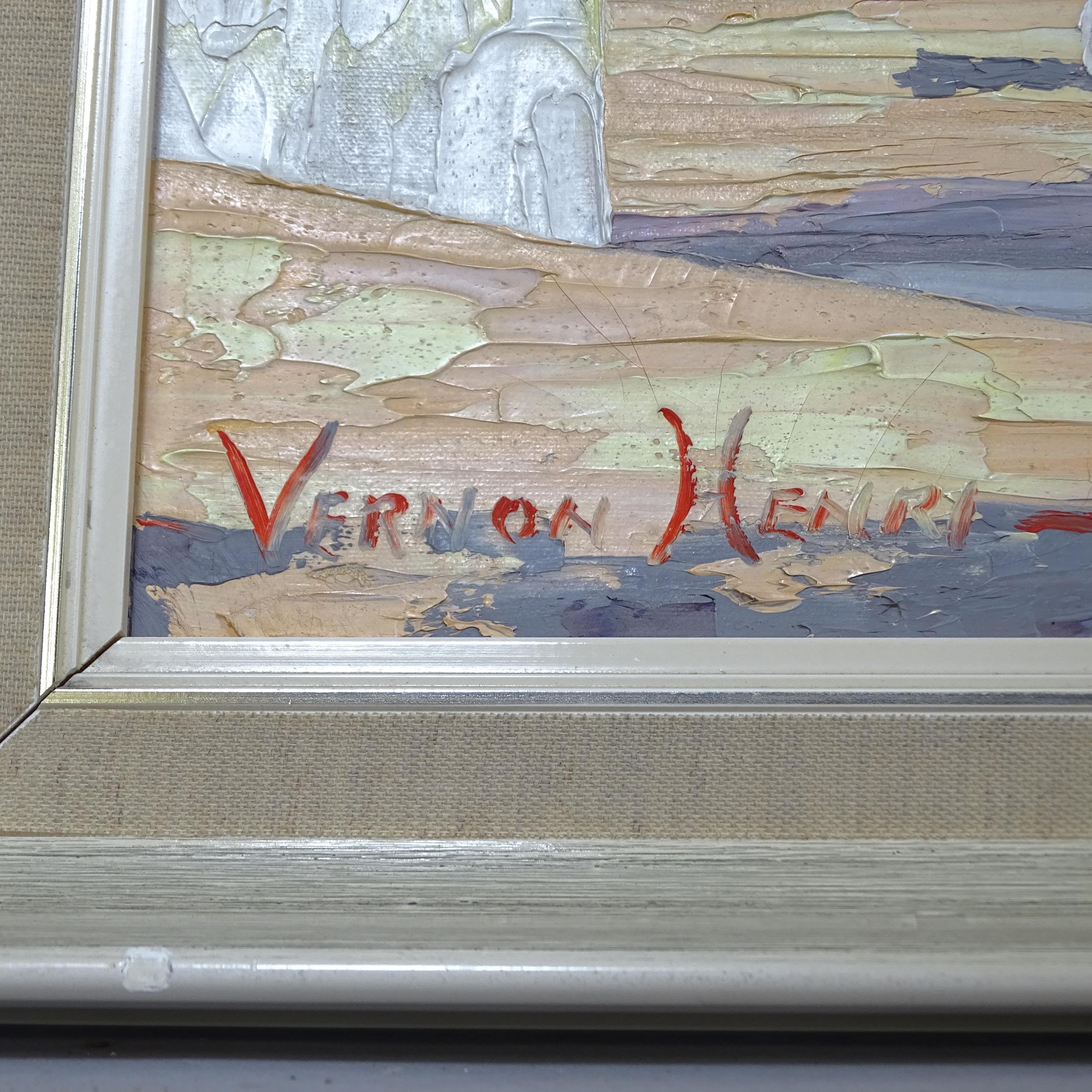 Vernon Henri, oil on canvas, Mediterranean coastal village, 49cm x 100cm overall, framed - Image 2 of 2