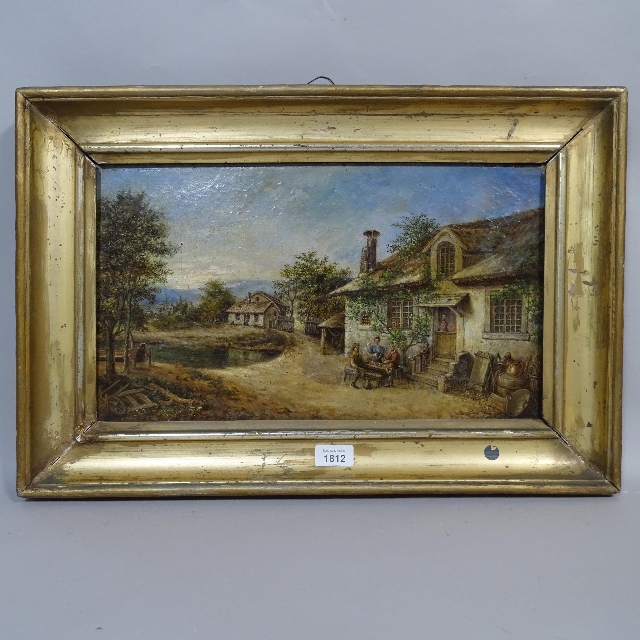 19th century oil on canvas, village scene, unsigned, 27cm x 46cm, framed Good original condition