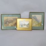 3 watercolours, panoramic landscapes, and another, including Honister Crag, all framed (3)