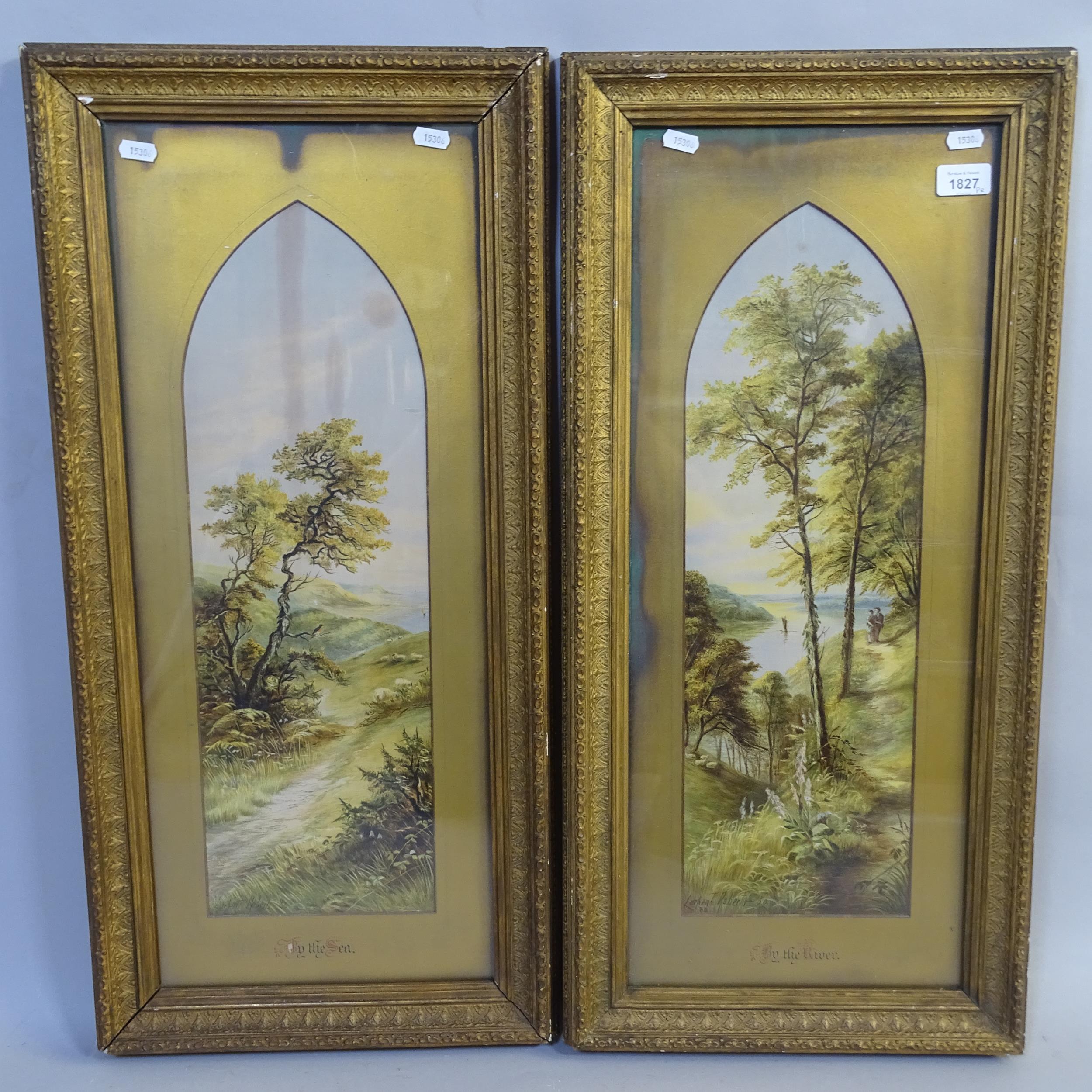 L Roberts, pair of Victorian watercolours, by the river and by the sea, 76cm x 37cm, gilt-framed