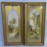 L Roberts, pair of Victorian watercolours, by the river and by the sea, 76cm x 37cm, gilt-framed