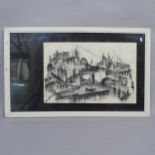 A monochrome print, harbour scene, signed bottom left-hand corner, image 35cm x 53cm, framed