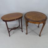 WITHDRAWN - A 1930s burr-walnut circular centre table, on carved cabriole legs, 75cm x 71cm, and an