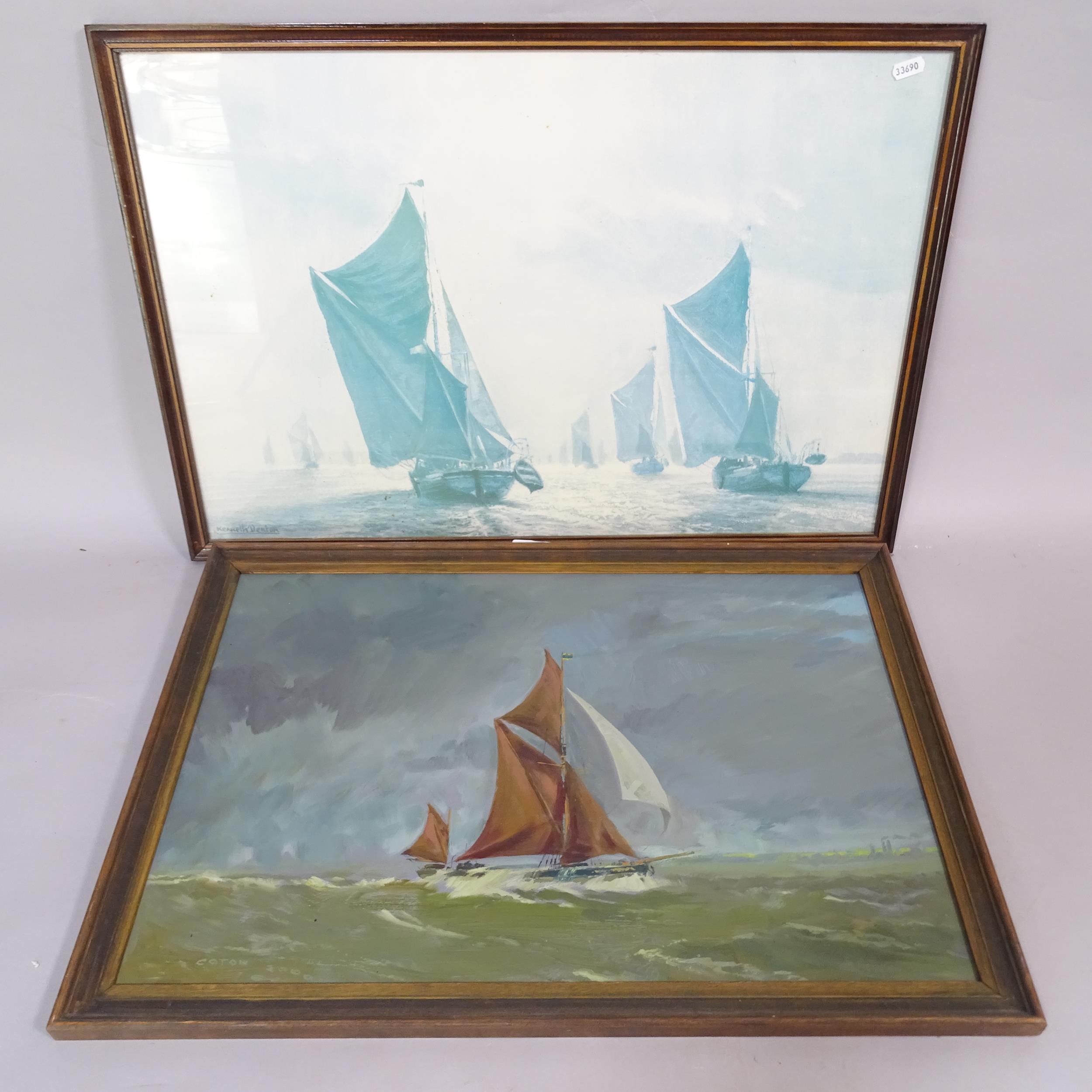 Coton, oil on board, sailing ship "full sail ahead", 47cm x 67cm, framed, and a framed print,