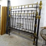 A painted cast-iron double bed, with slats and side rails, W155cm