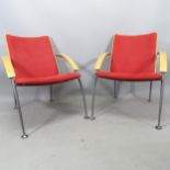 A pair of post-modern Finnish bent-ply and steel lounge chairs, by Martela, with maker's label