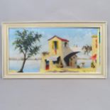 Vernon Henri, oil on canvas, Mediterranean coastal view, figures on a bridge, 54cm x 100cm