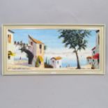 Vernon Henri, oil on canvas, Mediterranean coastal village, 49cm x 100cm overall, framed