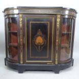 A Victorian ebonised credenza, with bow-end glazed doors and central panelled door, satinwood