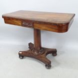 19th century Gillows style Goncalo Alves fold over card table, on shaped platform base, length