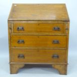 A 1920s oak and chequered banded bureau with 3 long drawers, 75cm x 96cm x 40cm