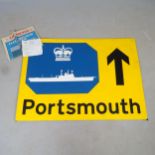 A painted wooden road sign for the 1977 Royal Navy Fleet Review, 122cm x 89cm, with certificate of