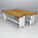 A pair of pine benches on painted base, 91cm x 41cm x 30cm