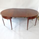 A Georgian mahogany and satinwood-strung D-end dining table, with spare leaf, 185cm (extending to