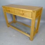 A contemporary John Lewis light oak 2-tier side table, with 2 fitted drawers, 110cm x 80cm x 40cm