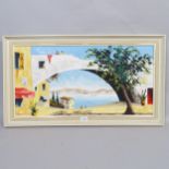 Vernon Henri, oil on canvas, Mediterranean coastal view, 49cm x 88cm overall, framed