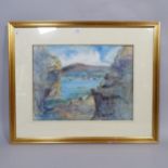 Barbara Price, watercolour and wash, coastal view, 59cm x 73cm overall, framed