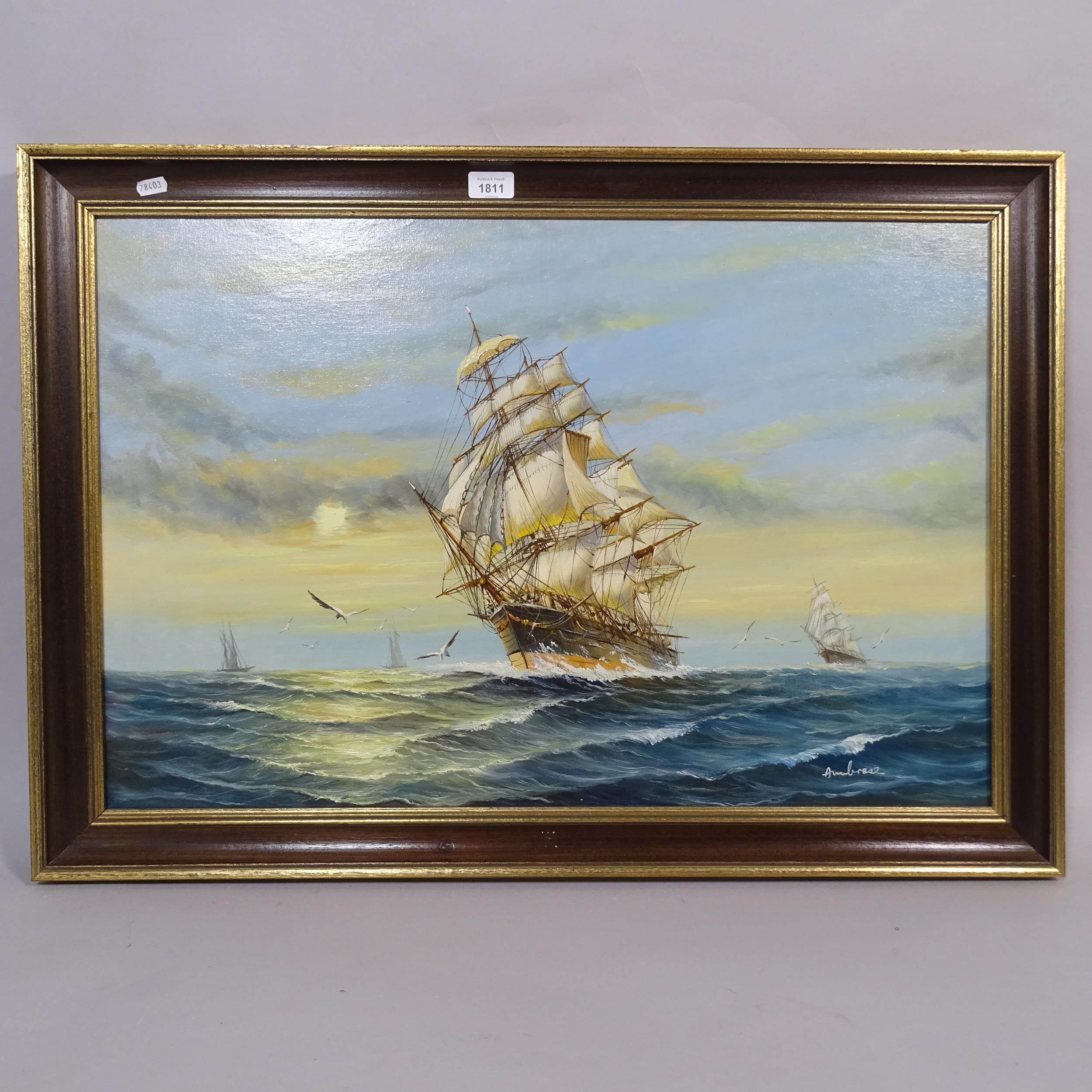 Ambrose, oil on canvas, 3-masted ship at sail, 60cm x 86cm overall, framed