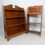 A 1930s oak student's bureau, 51cm x 107cm x 20cm, and a mahogany waterfall open bookcase, 77cm x