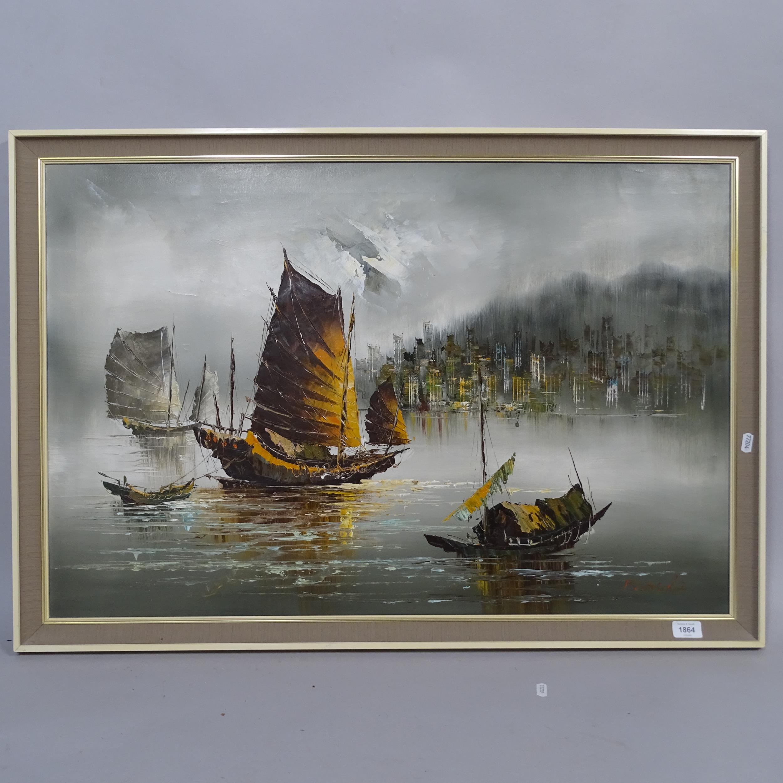 Chinese School, oil on canvas, junks at harbour, 100cm x 67cm overall, framed