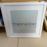 Tim Coffey, pair of prints, moored sailing boats, 89cm x 89cm overall, framed