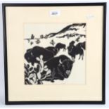 Mid-20th century Canadian School, woodblock print, bison, unsigned, image 23cm x 23cm, framed A very