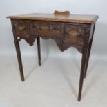 An Antique carved oak hall/side table, with 3 fitted drawers, 76cm x 75cm x 45cm