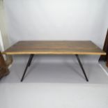 A contemporary oak plank-top dining table, on painted metal legs, 200cm x 76cm x 100cm