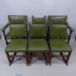 A set of 6 x 1920s oak and studded upholstered dining chairs (4 and 2)