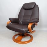 A contemporary faux leather upholstered reclining swivel lounge chair