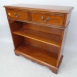 A reproduction satinwood-banded mahogany low cabinet, with 2 short drawers and shelf below, 76cm x