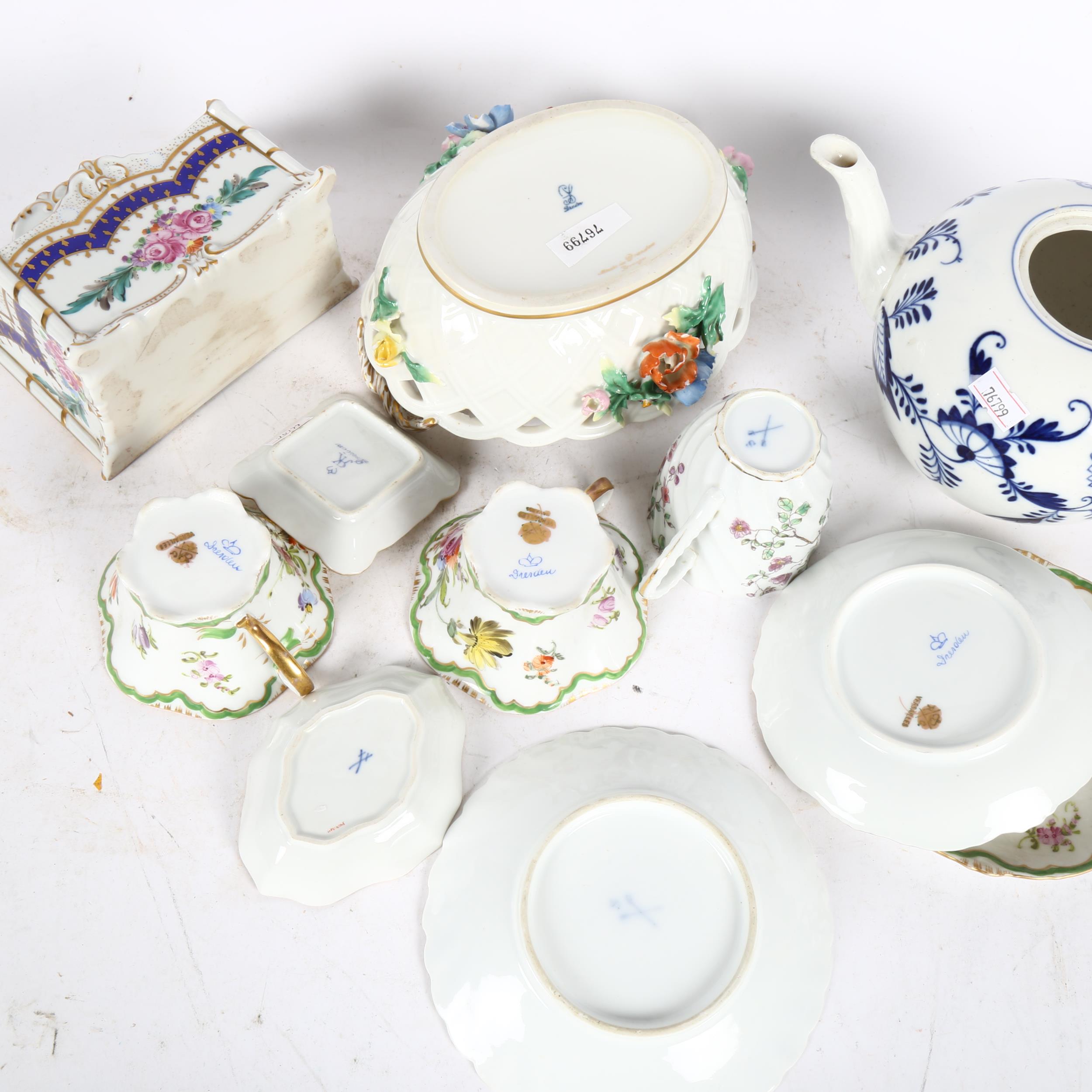 Dresden cups and saucers, Meissen teapot etc - Image 2 of 2