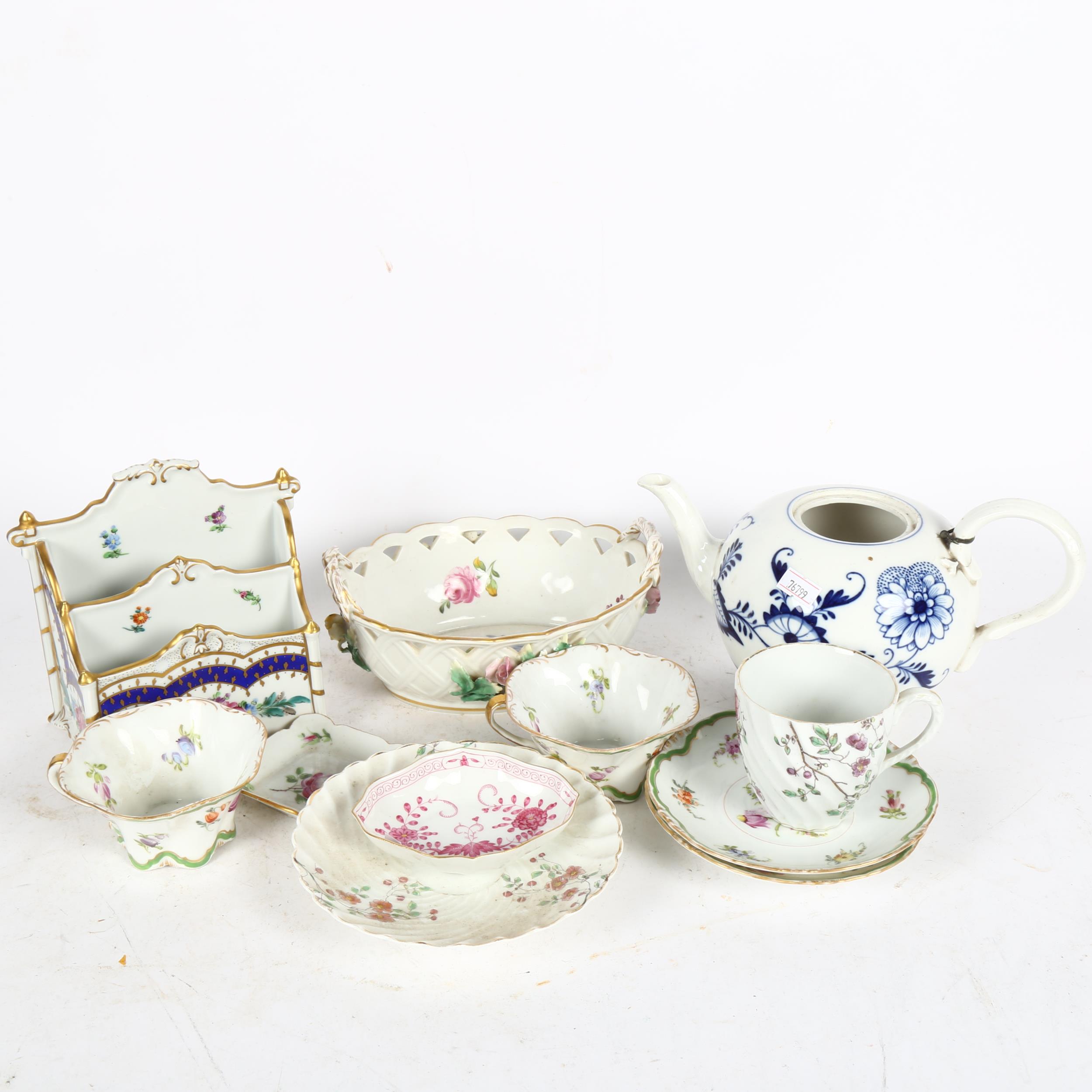 Dresden cups and saucers, Meissen teapot etc