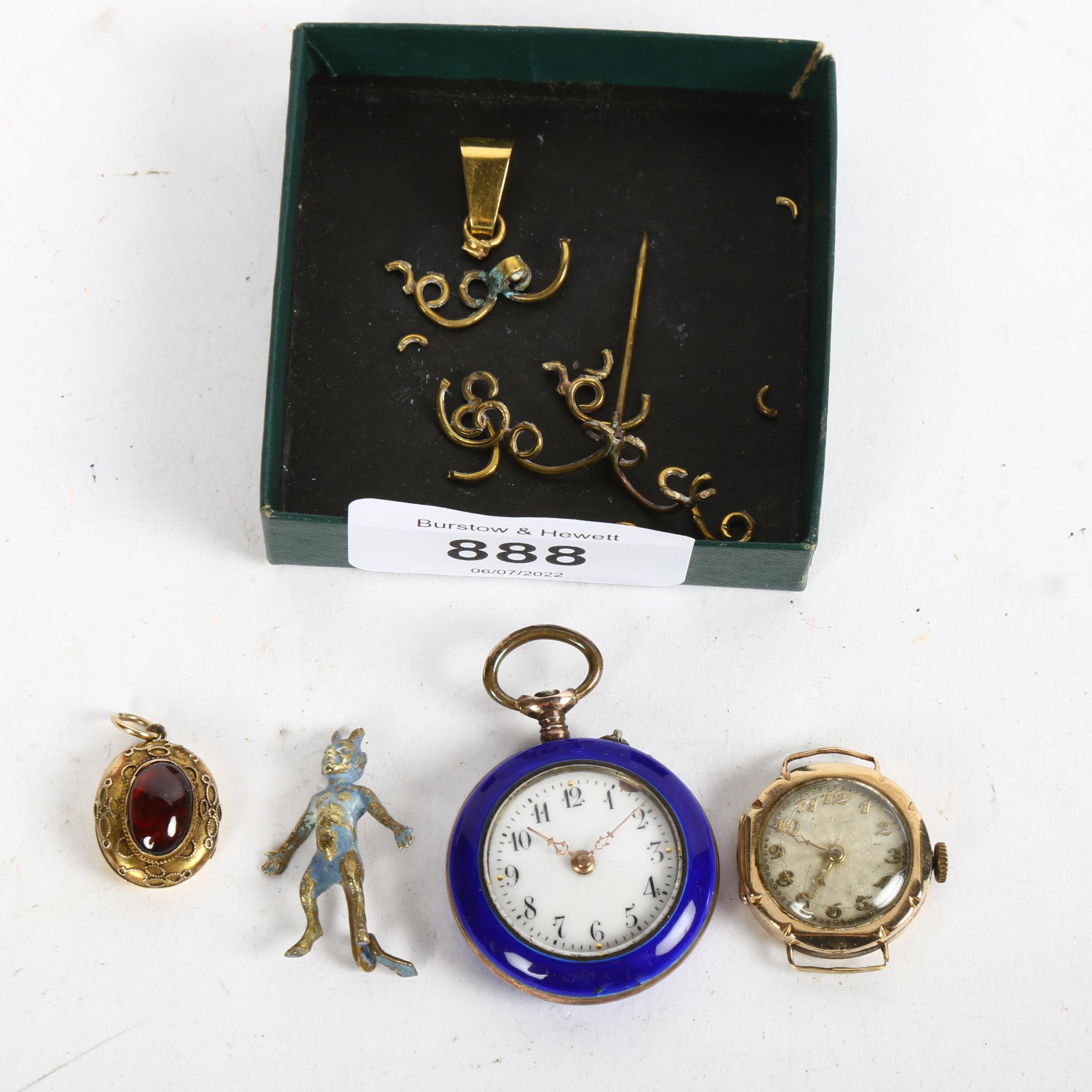 A 9ct gold-cased lady's wristwatch, a blue enamel fob watch etc