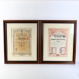 2 framed Government Bond Certificates, comprising Emprunt Chinois 5% 500 Francs 1903 no. 17599,