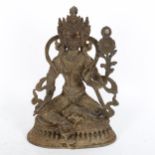 A Chinese patinated bronze seated deity, on double lotus base, height 22cm
