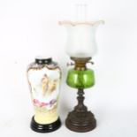 A Vintage oil lamp and milk glass vase, largest height 60cm (2)