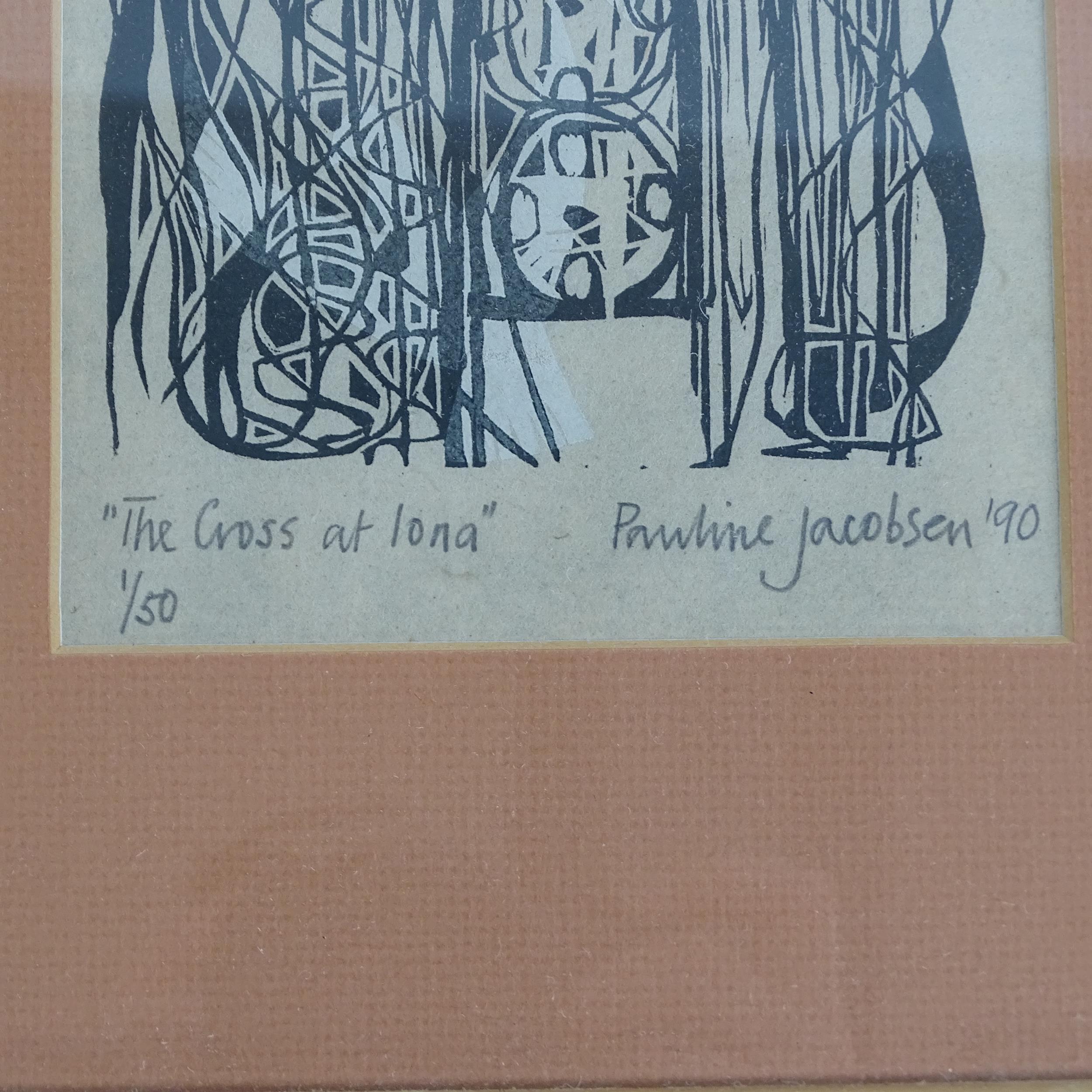 Pauline Jacobsen, limited edition woodblock print "the cross at Iona", 1/50, signed and dated '90, - Image 2 of 2