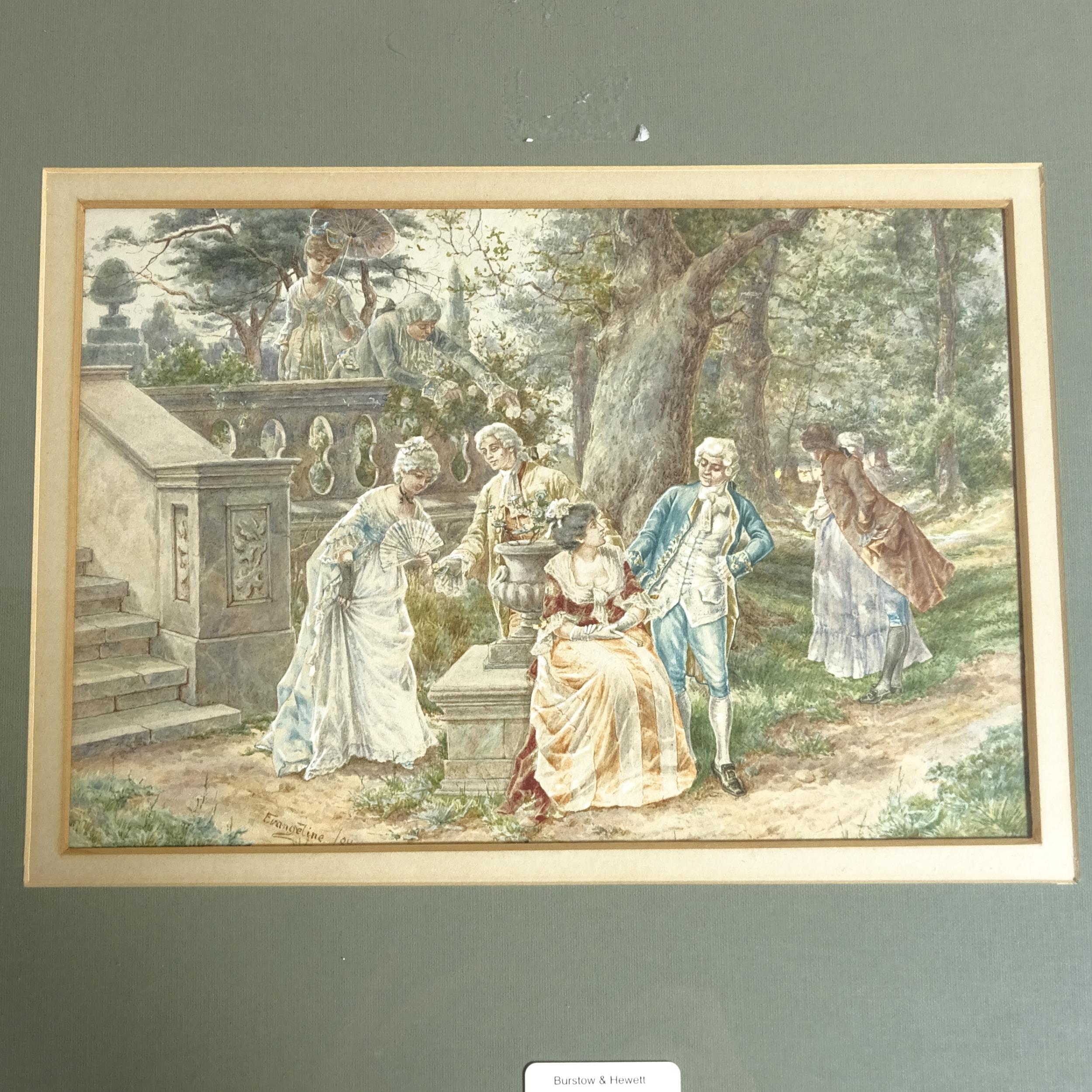 Evangeline, watercolour, Regency figures on a terrace, signed and dated 1884, 17cm x 24cm, framed - Image 2 of 2