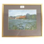 Bell, gouache on paper, flax field at Bonnington, signed and dated '78, 20cm x 28cm, framed
