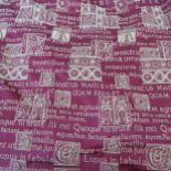 2 pairs of burgundy coloured lined and inter-lined curtains, with Latin script, D210cm, W(top)160cm,