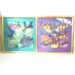 Rochelle, pair of modern pictures on silk panel "fish", overall 84cm x 84cm, framed