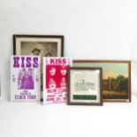 A 19th century Pears print, 2 Kiss advertising posters, and a framed golfing photograph (4)
