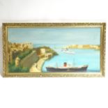 V Gatt, a panoramic oil on panel, Continental harbour scene, overall 70cm x 131cm, framed