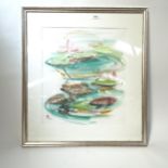 Wendy Yeo, watercolour, lily pads, signed, 50cm x 45cm, framed