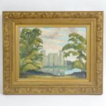 Mid-20th century oil on board, view of Bodiam Castle, unsigned, 38cm x 49cm, framed